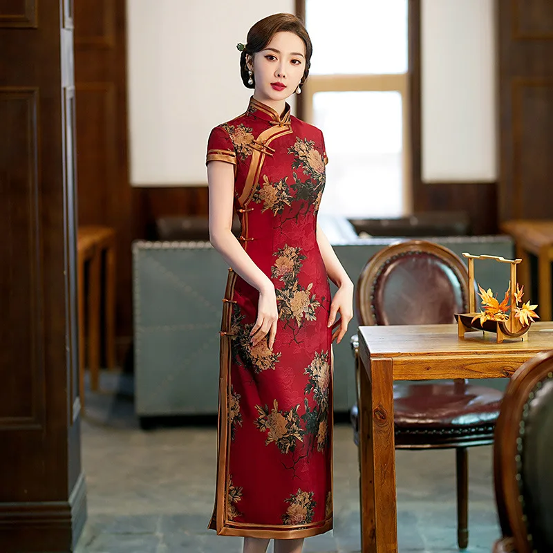 ZISUEX Chinese Cheongsam Dress Slim Cheongsam Stand Collar