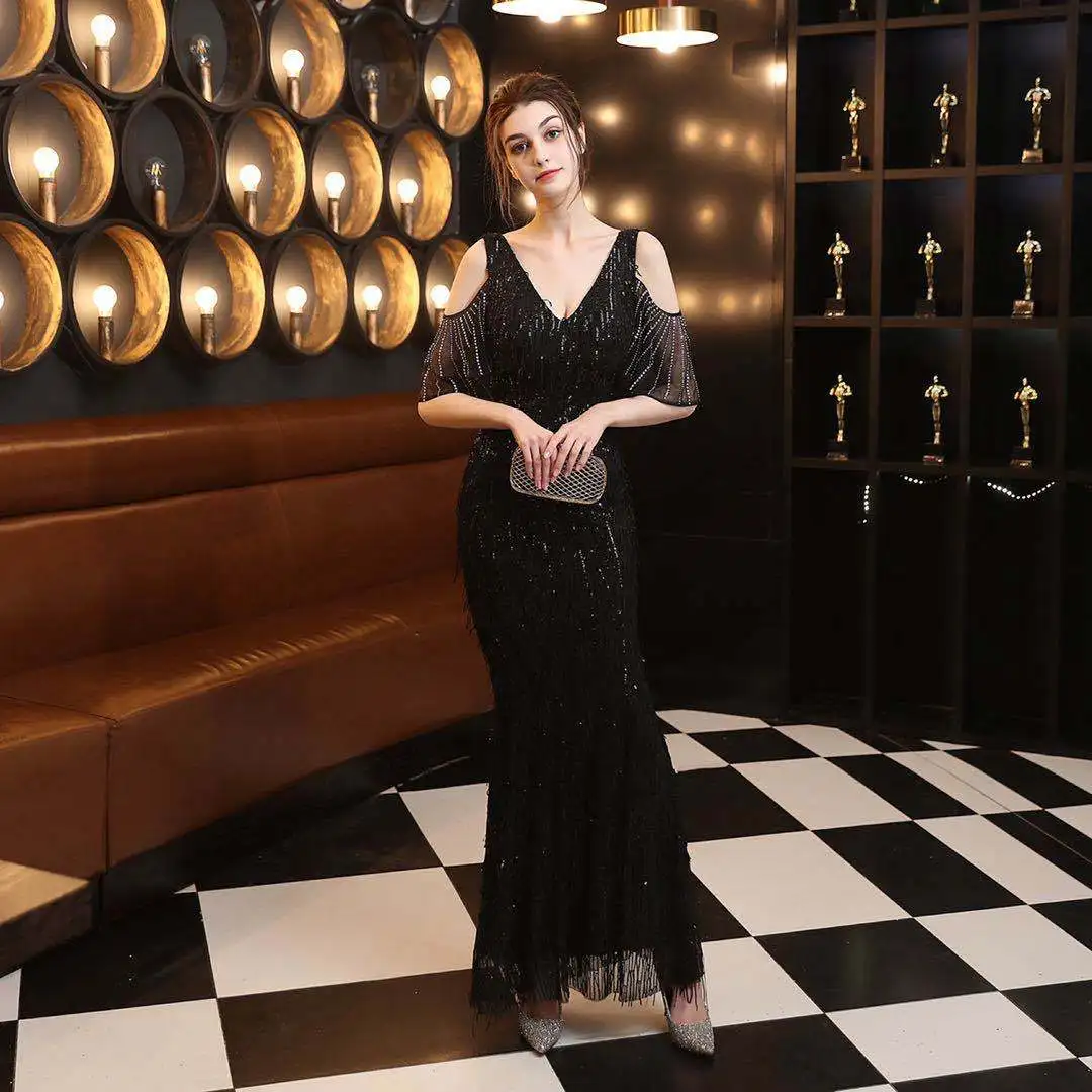 Sequin Tassel Drill Off Shoulder Sleeve Fish Tail Evening Dress Women Prom Wedding Dresses