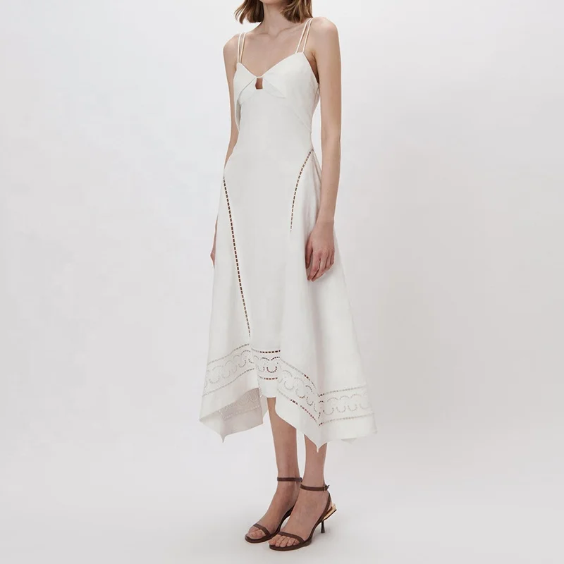 New Design Summer Thin Straps Khaki Linen Backless Dresses Wholesale White Linen Dress Women Silk Dress