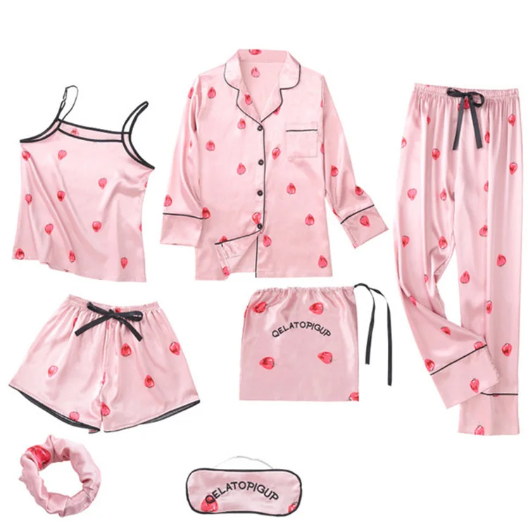 Wholesale Pajamas For Women Satin Pajama Sleepwear 7 PC Set