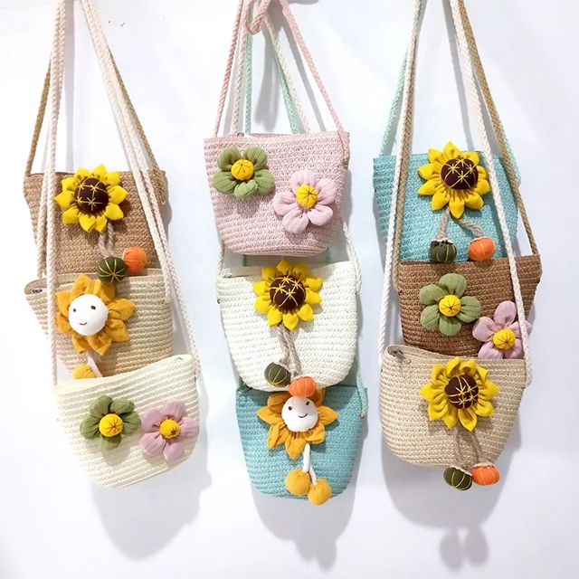 Flower Straw Baby Bags Messenger Handmade  Bag Summer Children Girls Shoulder Bag