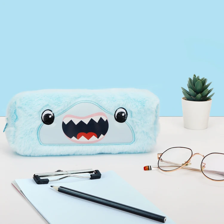 Hot Selling Custom Design Large Capacity Pouch Soft Plush Kawaii Shark Pattern School Pencil Case