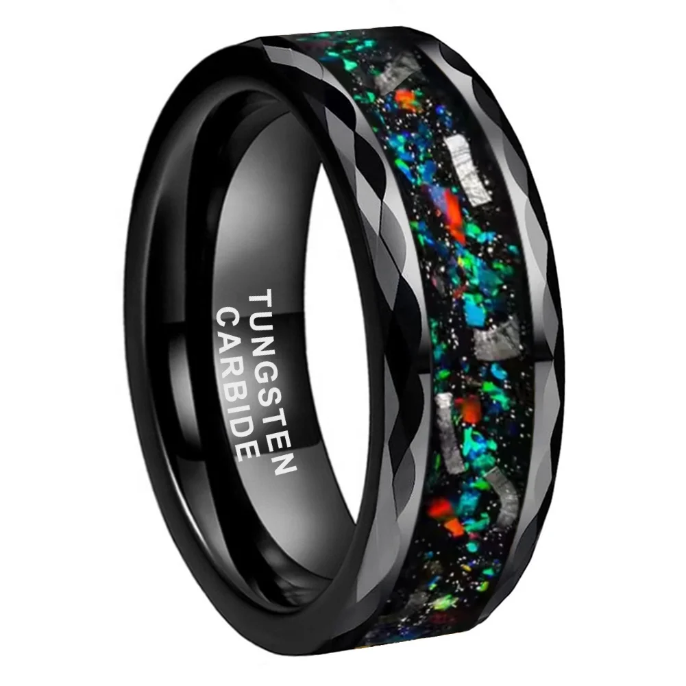 Coolstyle Jewelry 8mm Faceted Mens Fashion Engagement Wedding Band Genuine Meteorite Opal Inlay Black Tungsten Carbide Rings
