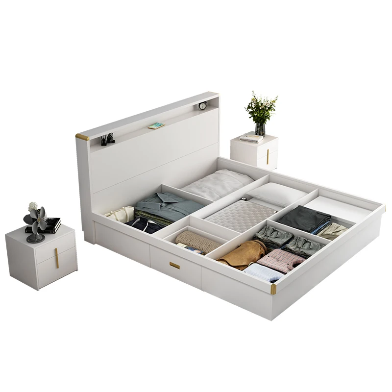 White Wooden With Led Light Bed Frame King Size Bed Storage With Drawers Underneath