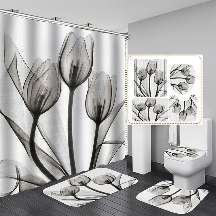 72x72 inch Home Decor Tulip Lotus Flowers Waterproof Bathroom Shower Curtain Sets with Toilet Lid Cover Bath Mat