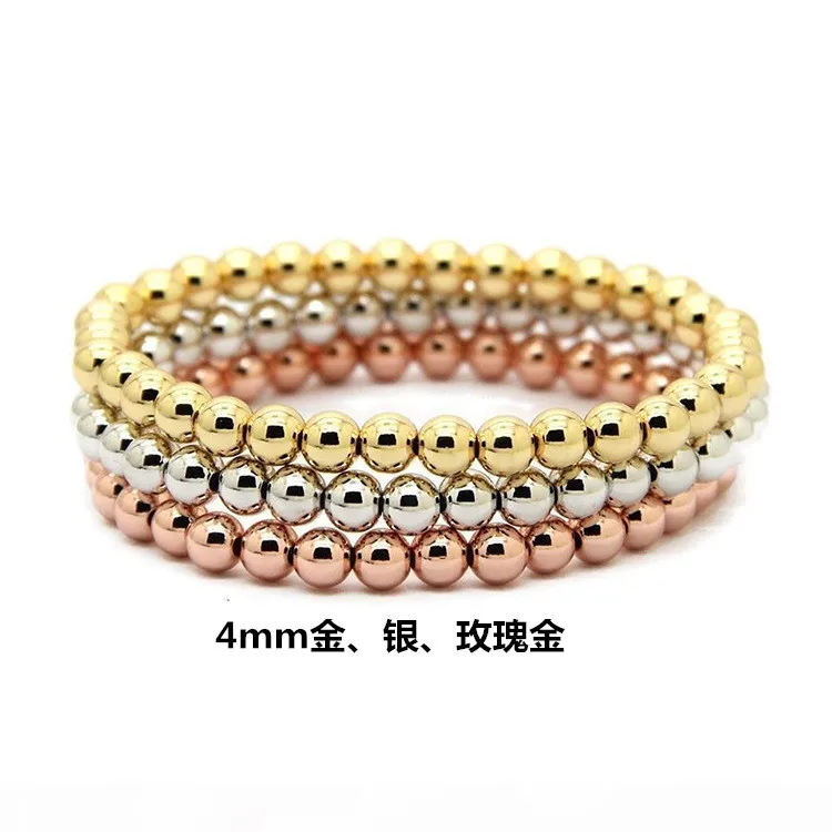 18K Gold Plated Beaded Ball Bracelets for Women Copper Stackable Stretch Elastic Bracelet
