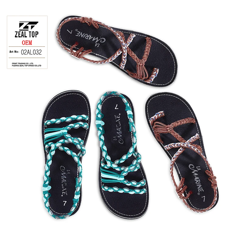 summer platform sandals pu women custom comfy flat ladies soft foot braided rope detail slide sandals braided rope sandals