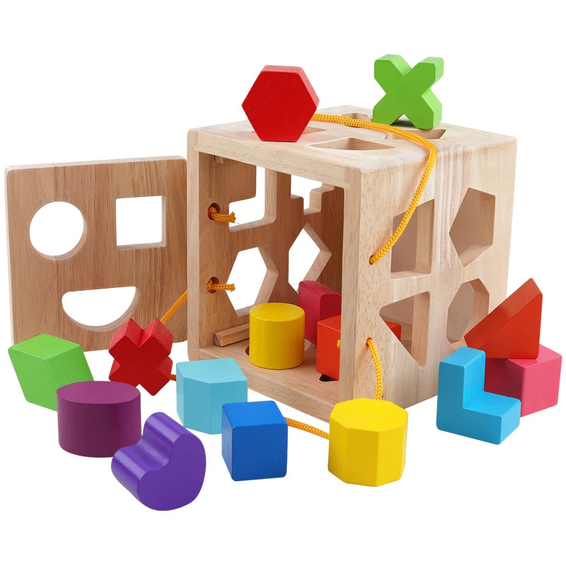 Wood Geometric Shape Blocks and Sorter Sorting Cube Box  Building Blocks Puzzles Educational Toys For Toddler Preschool Children