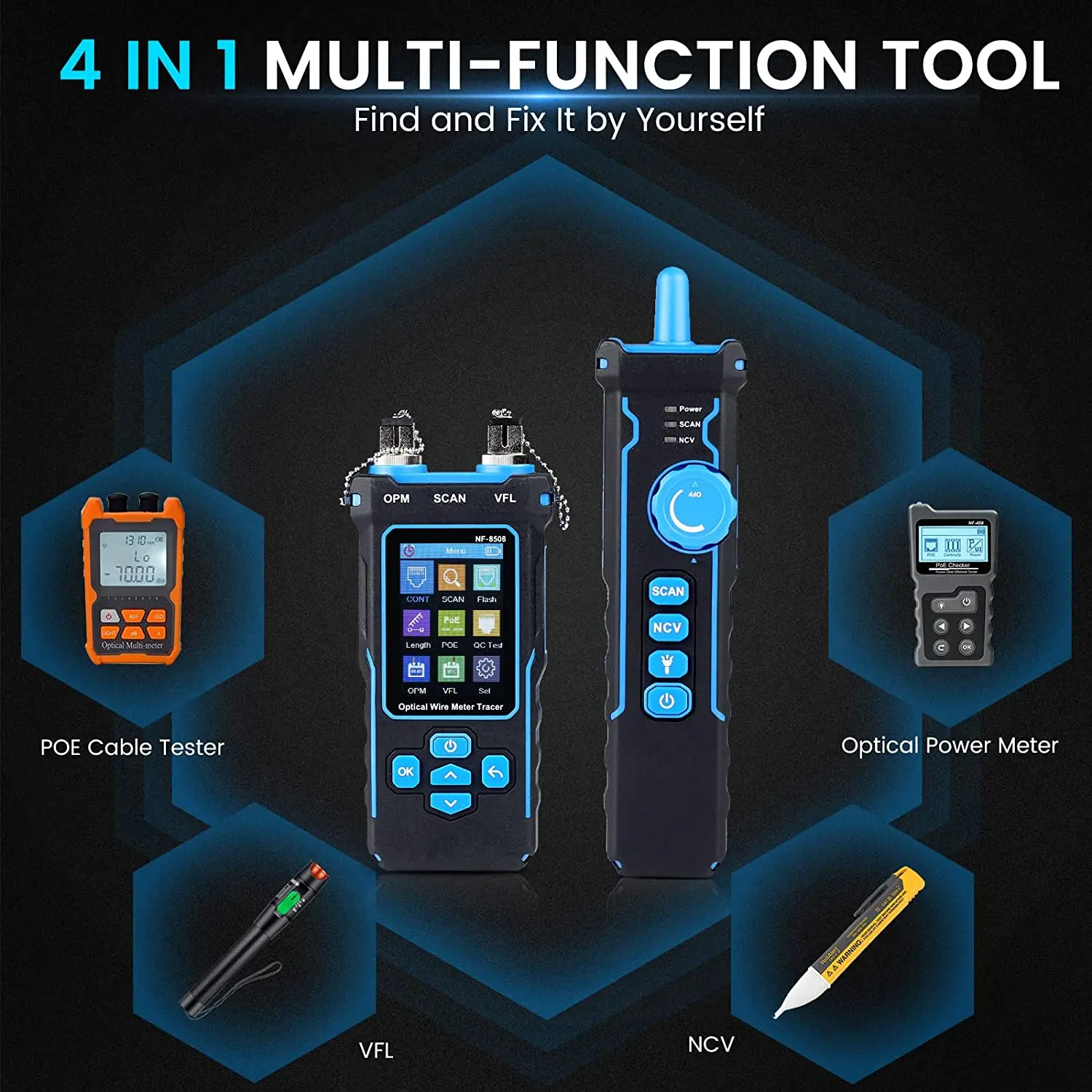 Optical Power Meter VFL ,RJ11 RJ45 Wire Cable Tracer PoE Network Cable Tester for CAT5 CAT6 Toner Ethernet Cable