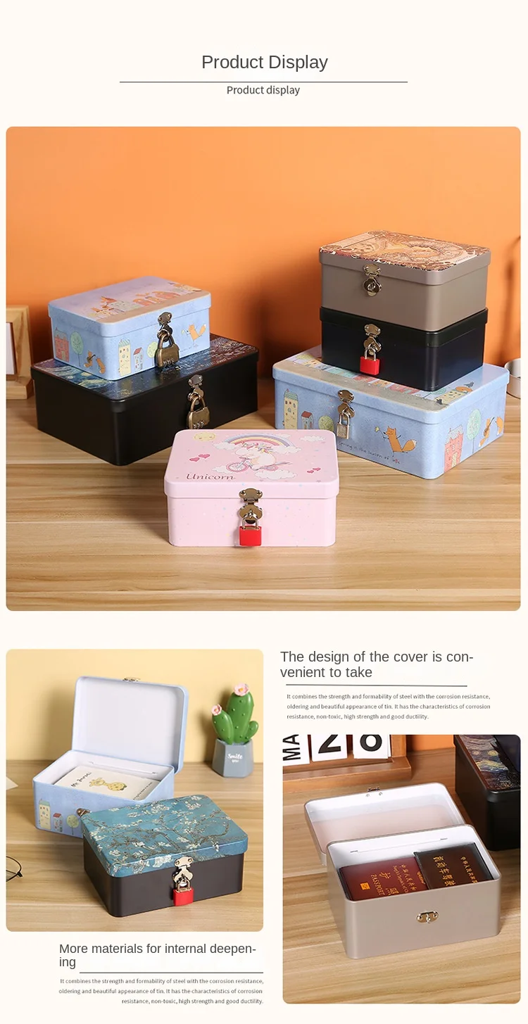 Retro Color Box With Lock And Key Metal Iron Desktop Storage Box Cosmetic Card Jewelry Home Desktop Drawer Small Box With Lid