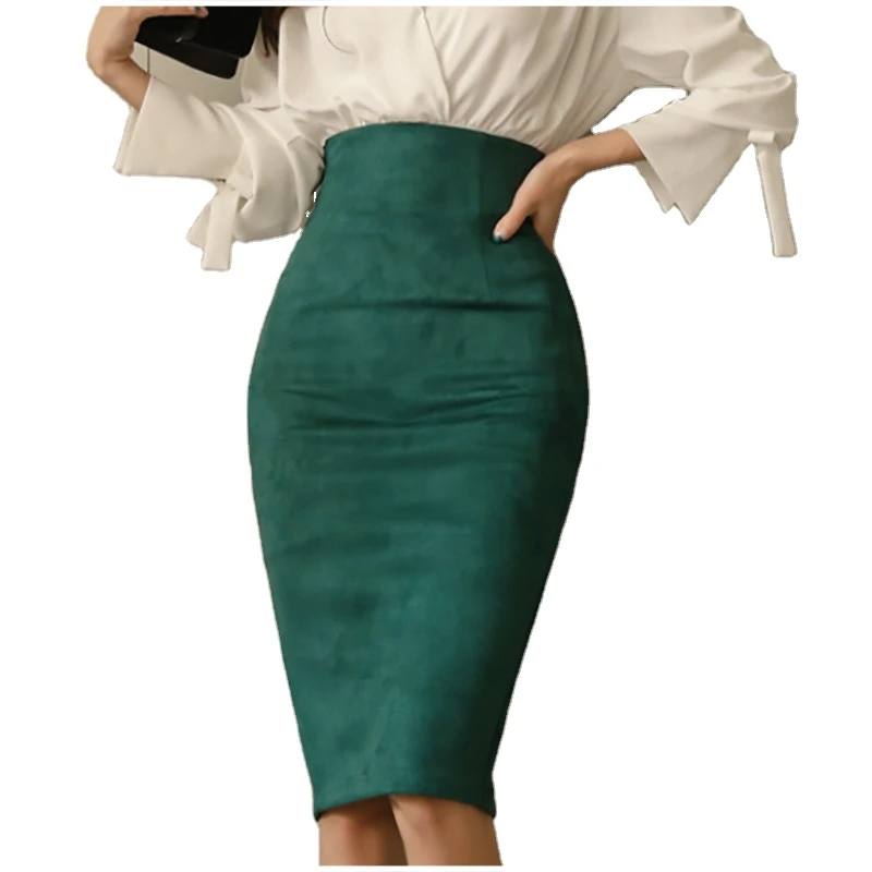 Fashion pencil green skirts women high waist bodycon suede clothes solid wrapa skirt for office lady