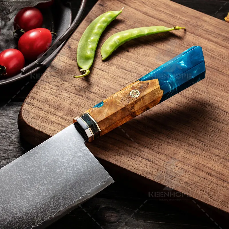 7 Inch Cleaver Knife Damascus Kitchen Knife 67 Layers Damascus Steel with Resin Adn Wood Handle Blue