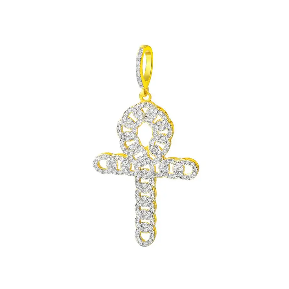 Hip hop Jewelry Round And Baguette Cut Cubic Zircon Diamond Egyptian Ankh 925 Sterling Silver Cross Pendant