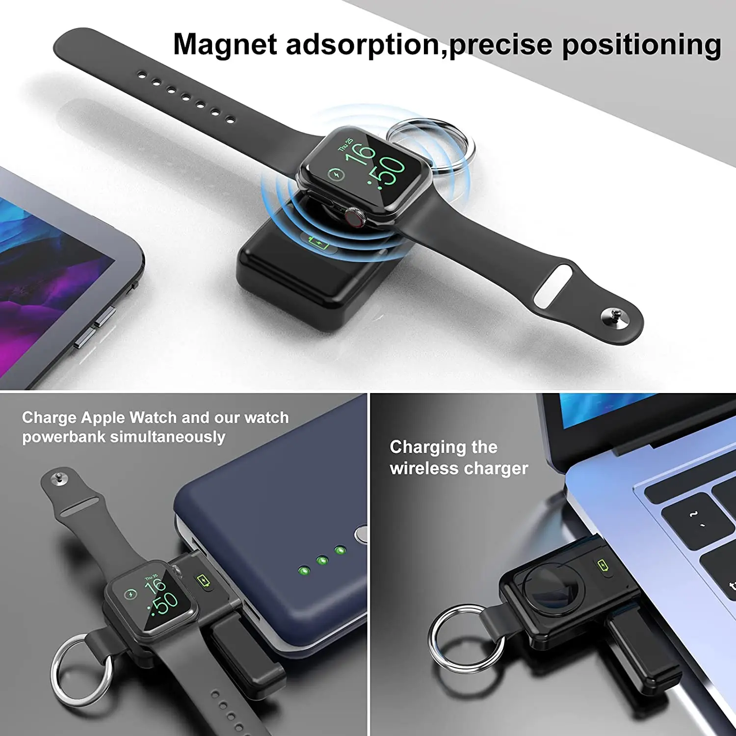Portable Magnetic Wireless Charger Power Bank Type-C 1400mAh with Keychain for iWatch Series 7/6/SE/5/4/3/2/1/Nike+ (Black)