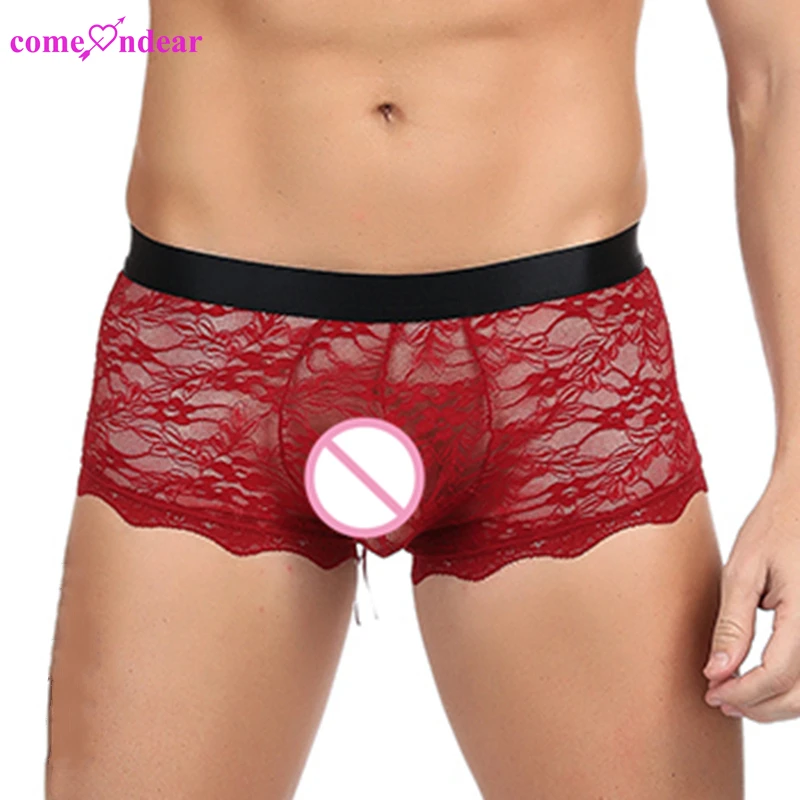 Custom logo gay bulge tanga underwear lace sheer nylon man sexy sissy panties men short boxer brief underwear