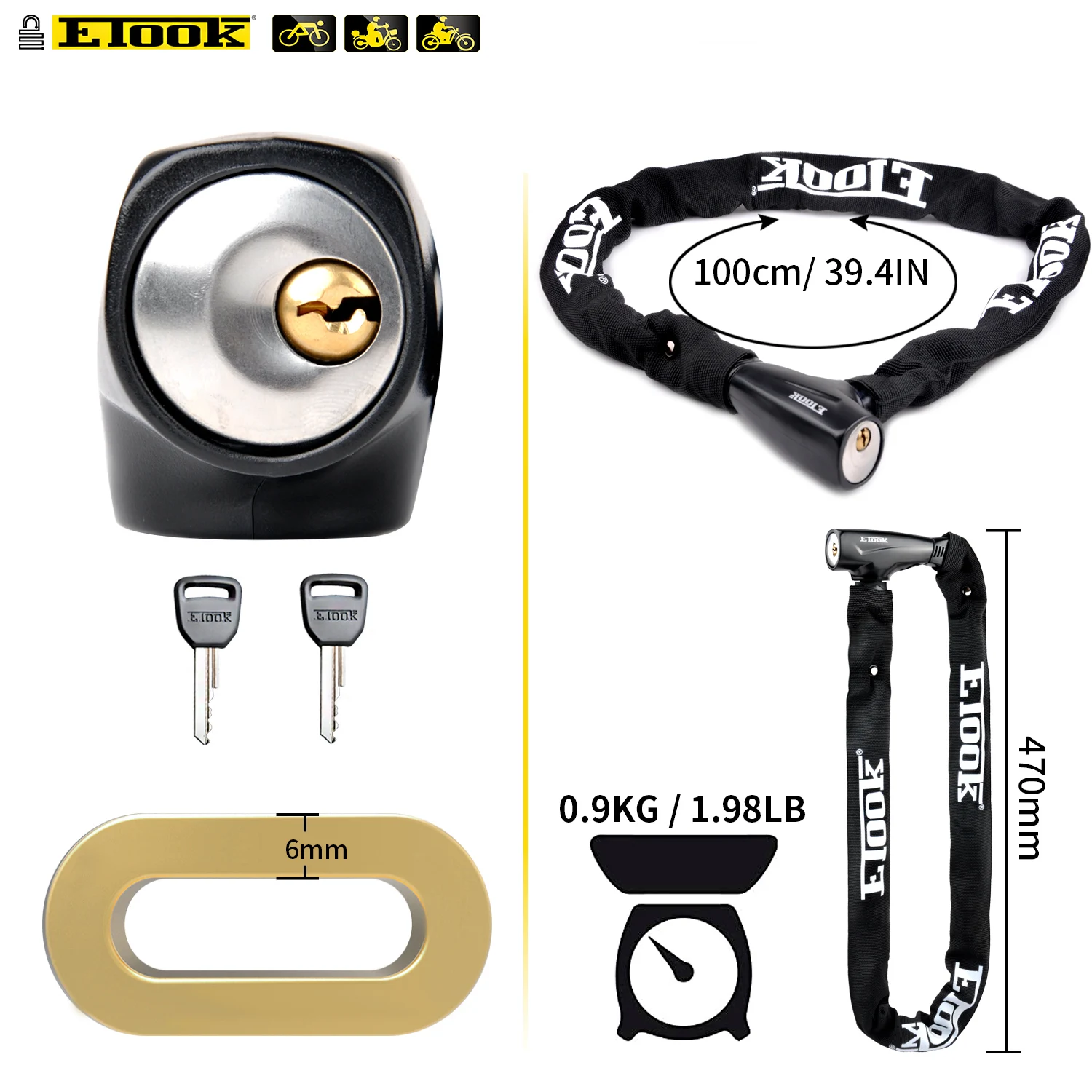 ETOOK Low MOQ Strong Tough  Bike Lock Chain Bicycle Lock With Fabric Cover 1000mm
