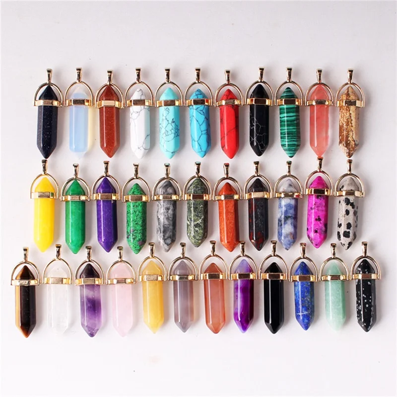 
Assorted Hexagon Prism stone pendant Stone Rosed Quartz Pendants Hexagonal Pointed Healing Reiki Natural dyed synthetic stones 