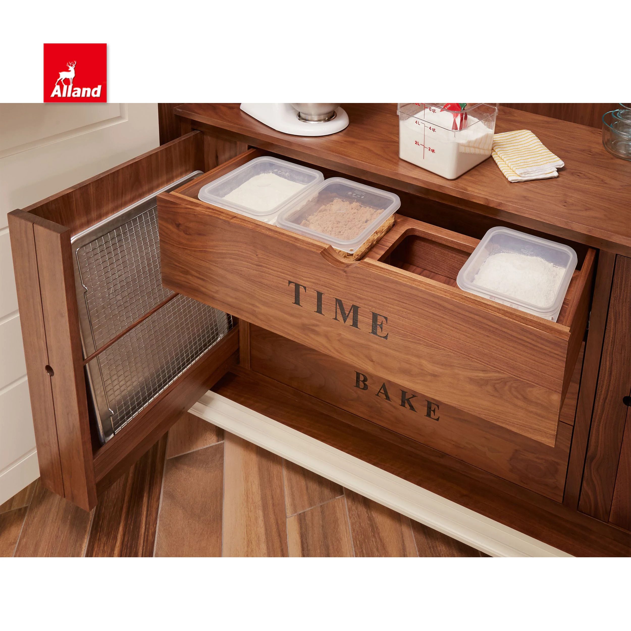 Noble Harmonious Walnut Hardwood Kitchen Cabinet With Horse Legs Double Island And Inner Drawers In Massive Pantry