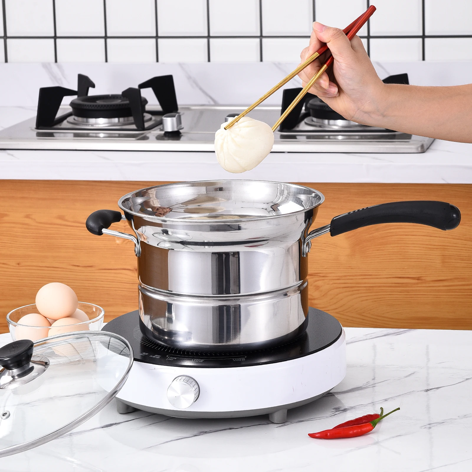 5 Pieces Stainless Steel Stock Pot Cooking Stock Pot with Strainer Rack Set Home Kitchen Cooking Tools