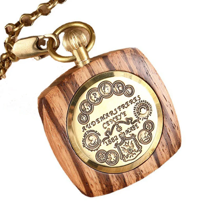 Without Cover Large Square Shape Red Sandalwood Zebra Wood Bass Two Tone Mechanical Pocket Watch