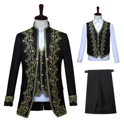 Plus Size Court Black and White Prince William Baroque Embroidery Men Suit Three Piece Stage Singer Medieval Wedding Prom Suits