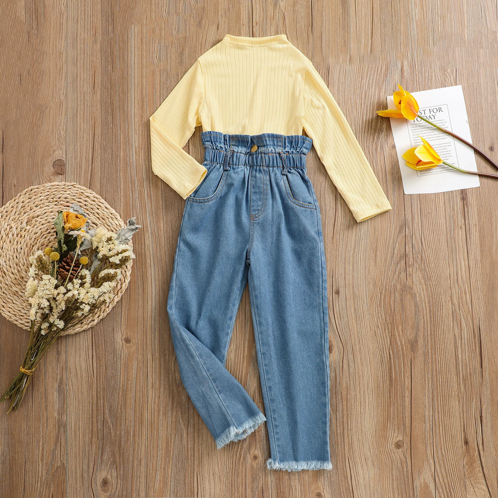 Solid Color Girls Clothing Sets 2021 Autumn Baby Girl Casual Suit Kids Clothes T-shirt+Denim Pants Children Suit