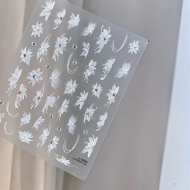 5D Embossed Nail Art Stickers White Floral Elegant Butterfly Lace Design Charm Wedding Nail Art Decals