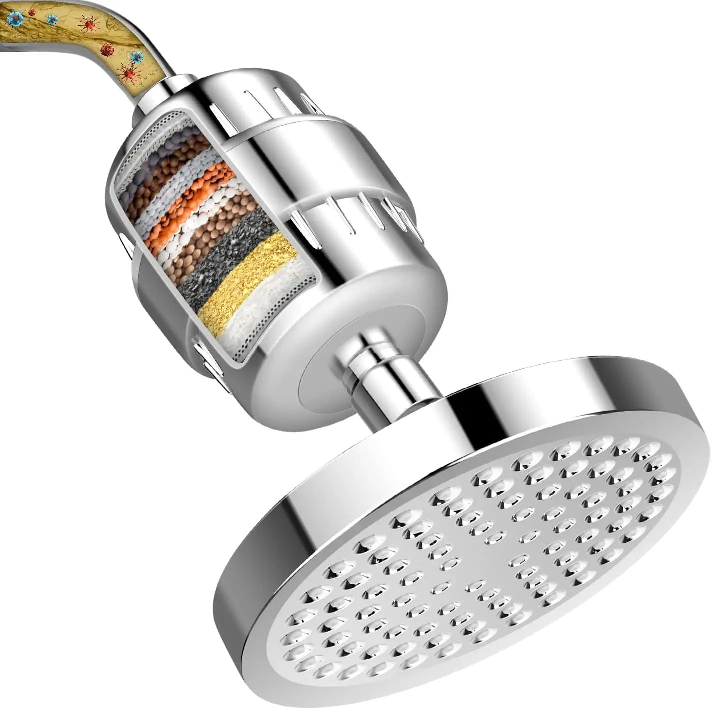 Filtered 6 Inch Shower Head 15 Stage Filter Combo Hard Water Detachable Softener Remove Chlorine Fluoride