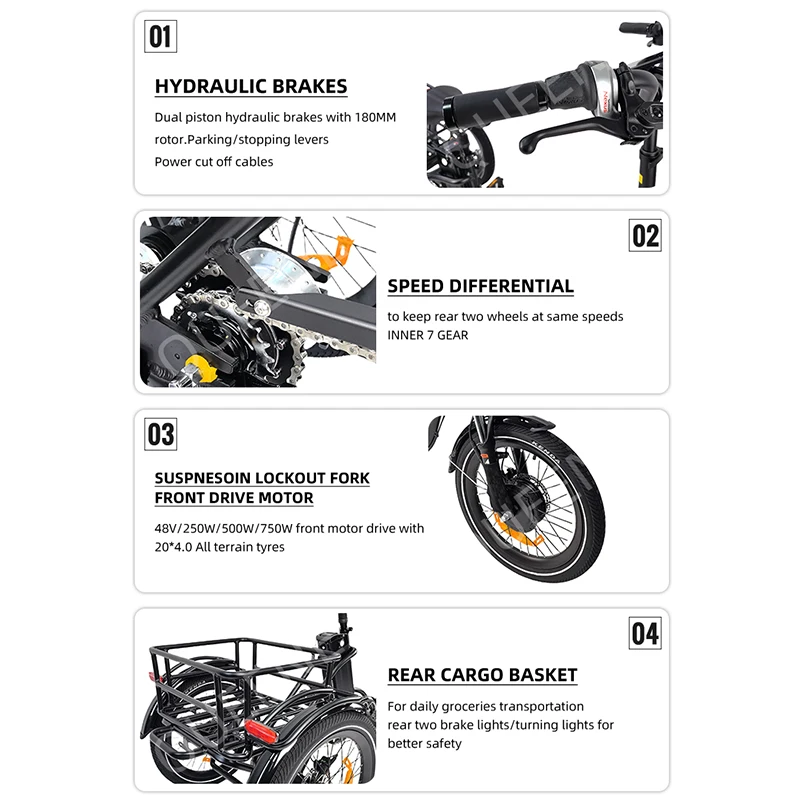 Factory Price Powerful 7-Speed Multipurpose Adult Double Basket Cargo E-tricycle Electric Tricycle Bicycle