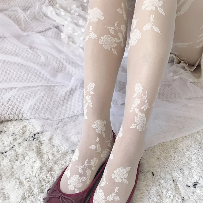 
WA261 French elegant retro rose embroidery white silk stockings ultra-thin ladies sweet pantyhose women 