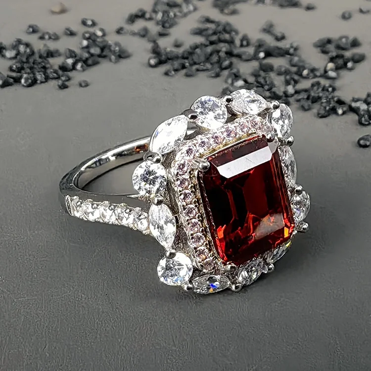 Factory Fine Jewelry Glam Rhodium Plated 925 Sterling Silver Emerald Cut Pigeon Blood Red Ruby Cocktail Ring For Women