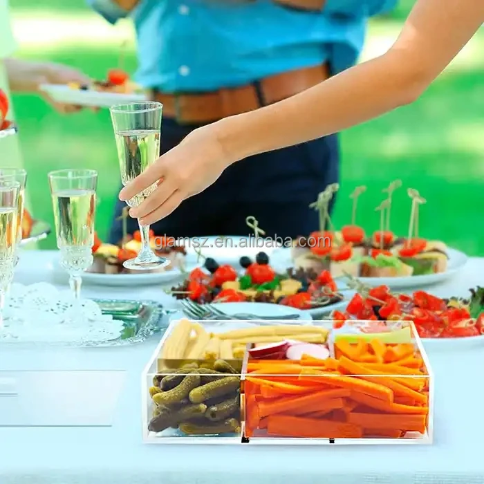 Lucite Serving Dish 4 Sectional Clear Acrylic Caddy Tray With lid Lucite Dip Bowl Set