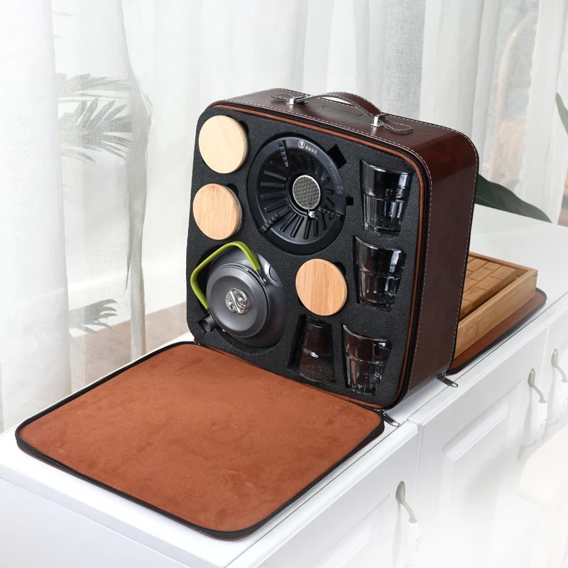 New design hot sale home outdoor camping travel glass coffee cup jar and bamboo melamine tray set with stove