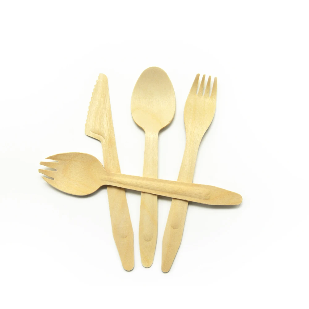 Новый дизайн, одноразовый 165 мм набор столовых приборов из березы с элегантной ручкой, ложка, вилка, нож