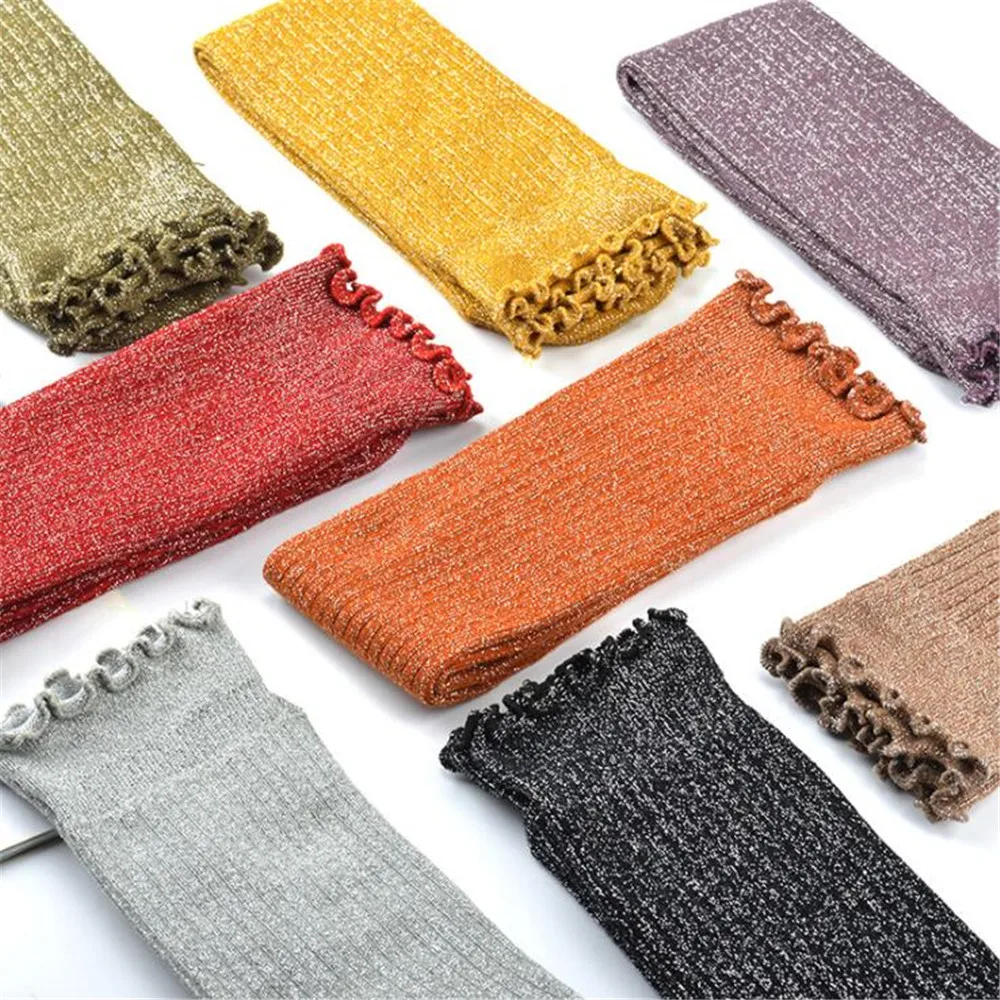 Girls Shining Glitter Cotton Ankle Socks Wrinkle Cuff Spring Crew Sport Socks Women Solid Lurex Ankle Socks