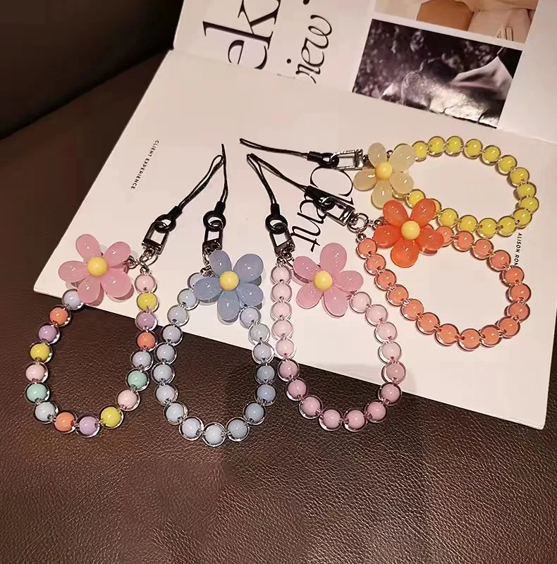 Handmade Crystal Bead Bracelet Phone Lanyard Phone Charms key Chain  Flower Mobile Phone Chain Wrist Straps Trendy Girl Keychain