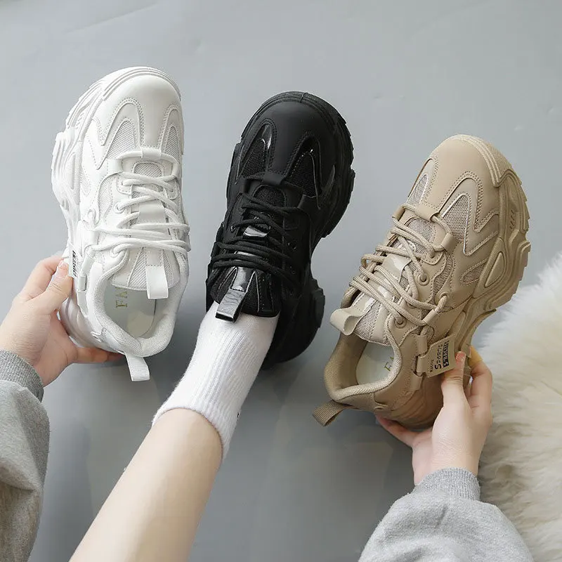 Chunky Thick Sole Platform Femme Indoor Outdoor Vulcanized Lace Up Buckle Strap Rope Runner Sports Sneakers Shoe