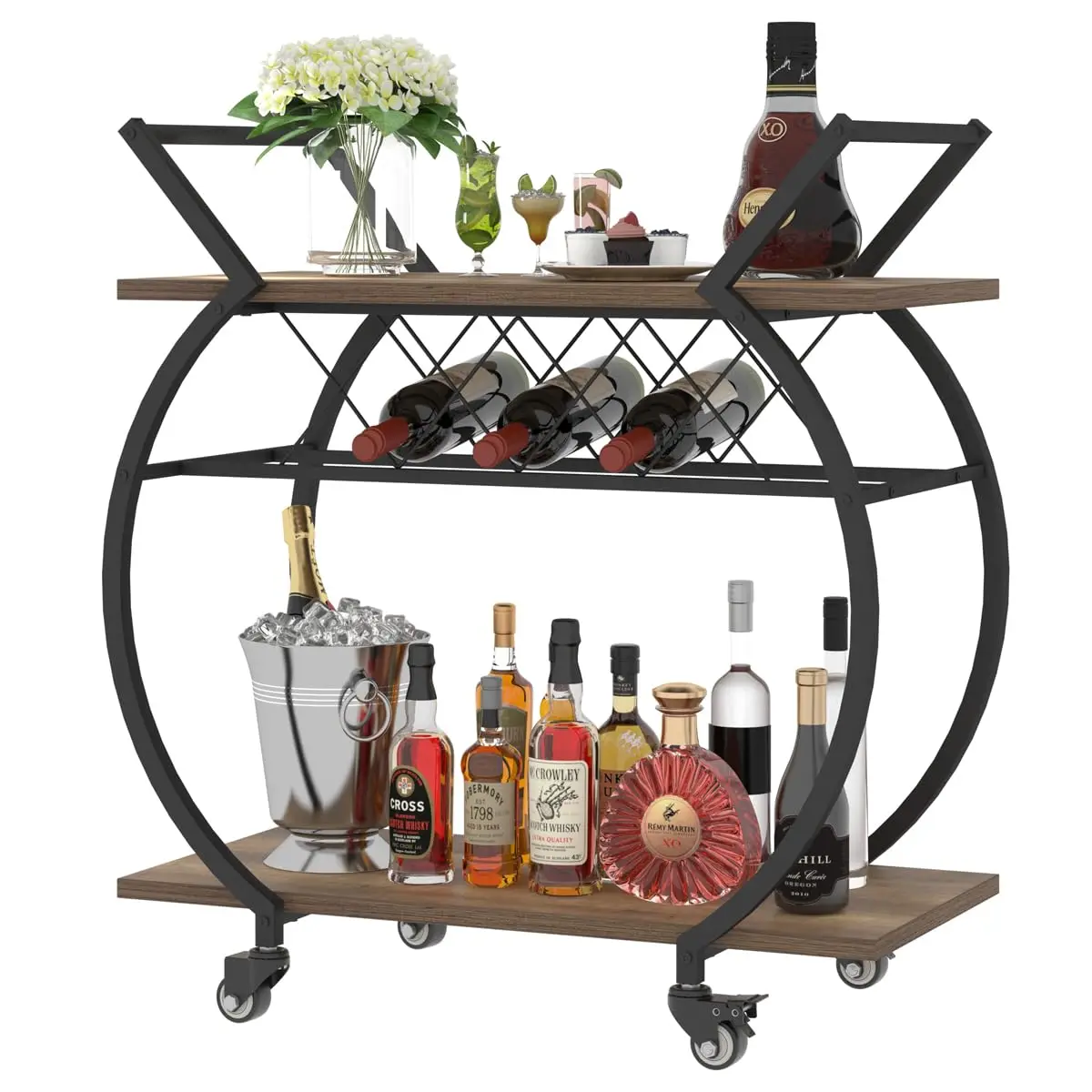 Factory Wholesale Industrial Mobile Cart Modern Wood Metal Portable Bar Cart Rolling Kitchen Storage Cart-Amazon customization