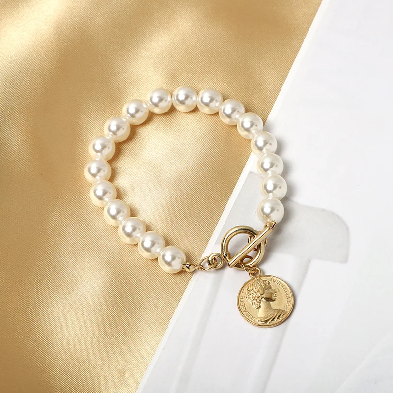Vintage 18k Gold Plated Baroque Mother Of  Coin Pearl Beaded Chain Choker Necklace Bracelet Jewelry Women