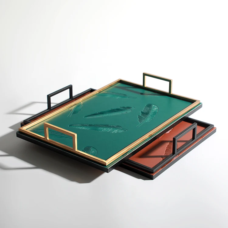 hot-sell modern hotel feather pattern decoration rectangular luxury leather tray with gold handle