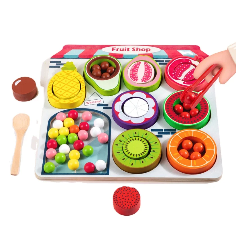 New Early Learning Fruit Cognition Game Role Pretend Play Fruit Shop Educational Clip Beads Toy Wooden Matching Toys for Kids