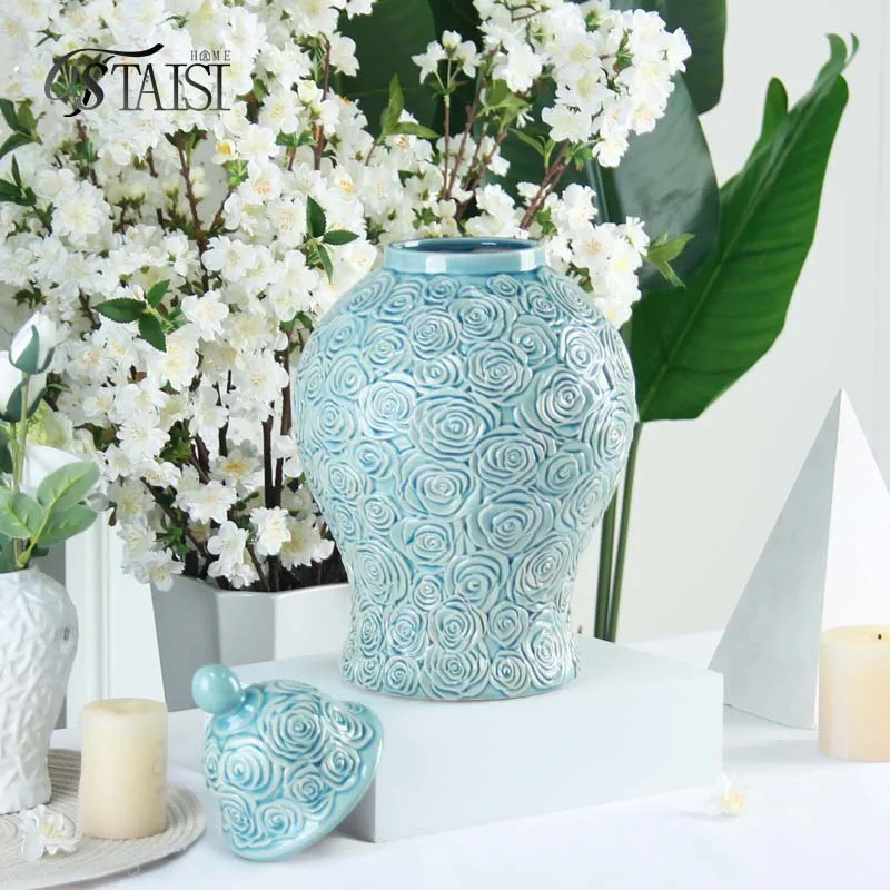 J324LBA 15 inch ginger jar vase for hotel lobby decorative vases for home decor ceramic ornament embossed rose vase