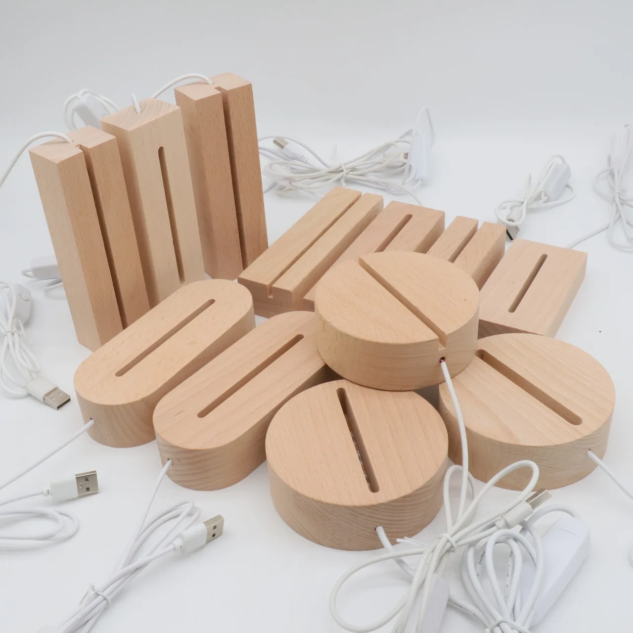 5V USB Powered Wooden Base Lamp Led 3D Night Light Round Oval Wood Base For Acrylic