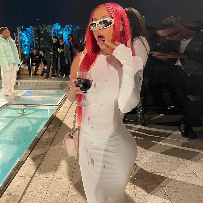 Женское Белое Облегающее платье на одно плечо с длинным рукавом