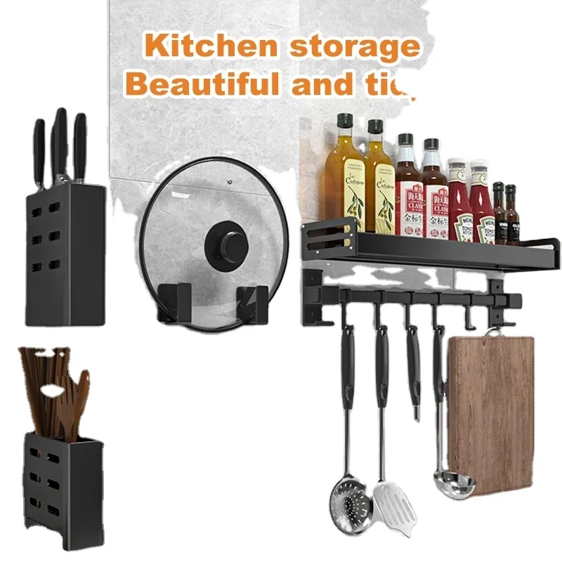 Wall-mounted Kitchen Storage Shelf Spice Racks Knife Holder Spoon Hanging Rack Punch-free Kitchen Accessories Organizer Storage