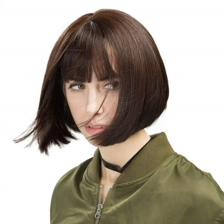 Fashion Style Bobo Head Mid-length Straight Hair with Bangs Fully Machined Women Wigs Synthetic Headgear