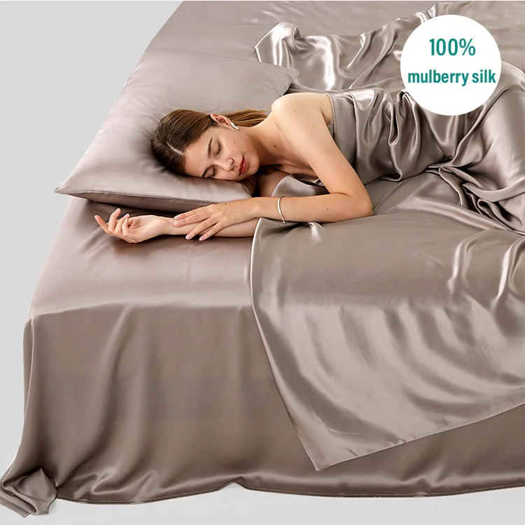 Заводская цена индивидуальный логотип 19 мм шелковая плоская простыня роскошный Шелковый Натяжной постельный комплект из 100% чистого шелка тутового