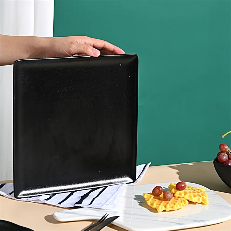 10 inch 11 inch 12 inch big black porcelain square plate Shrinkage dot black glaze serving flat dish