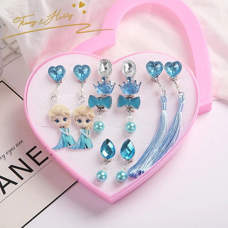 Tracy & Herry Wholesale 7Pcs Set Cheap Children Cute Pink Clip Earrings Box Packaging Custom Logo Cartoon Diamond Ring On Ear