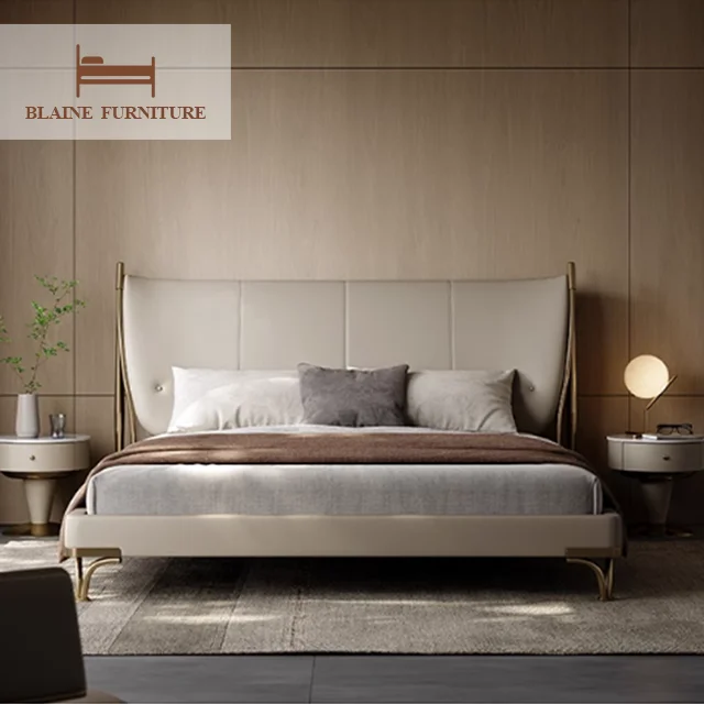 Popular Design King Size Bed Bedroom Furniture Stainless Steel Legs With Solid Wood Frame Full Genuine Leather Hotel Bed